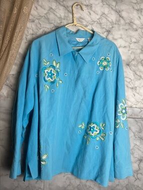 Turquoise Aqua 2X Embroidered Silk Linen Hidden Placket Boho Artsy W Lime Shirt